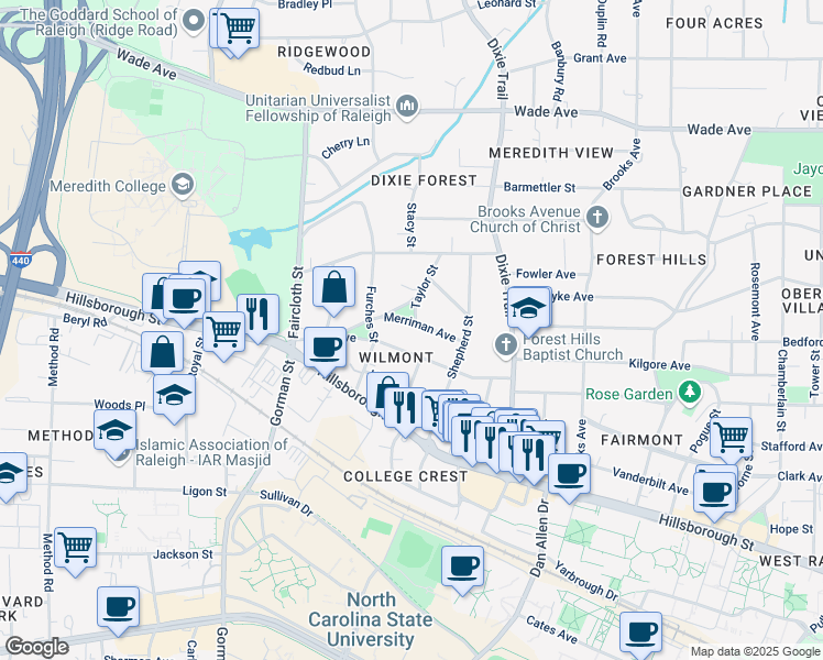 map of restaurants, bars, coffee shops, grocery stores, and more near 200 Taylor Street in Raleigh