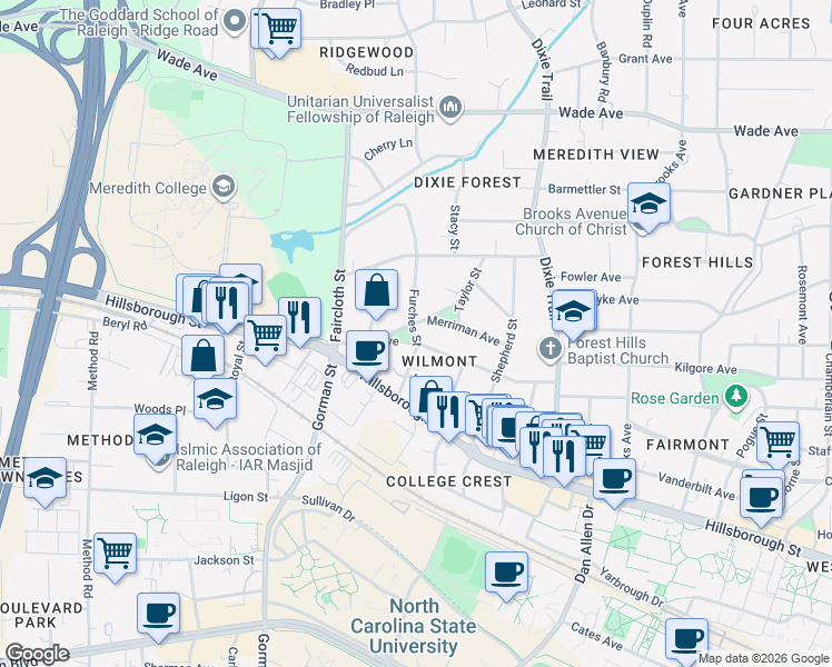 map of restaurants, bars, coffee shops, grocery stores, and more near 3229 Merriman Avenue in Raleigh