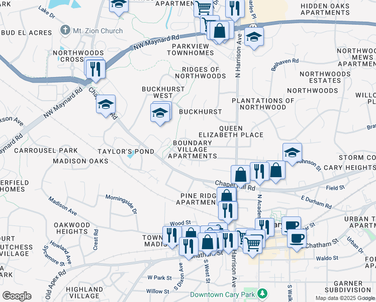 map of restaurants, bars, coffee shops, grocery stores, and more near 502 North Benson Court in Cary