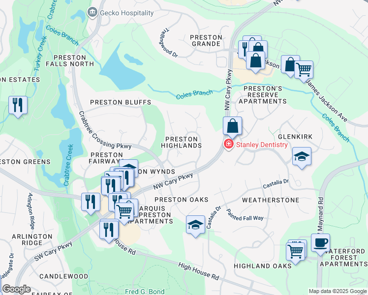 map of restaurants, bars, coffee shops, grocery stores, and more near 120 High Country Drive in Cary