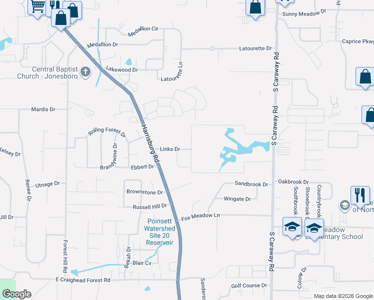map of restaurants, bars, coffee shops, grocery stores, and more near 1404 Links Circle in Jonesboro