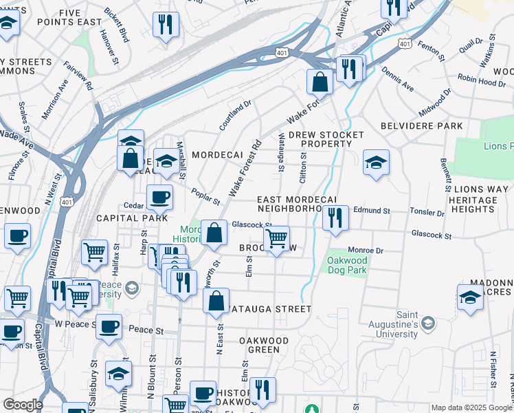 map of restaurants, bars, coffee shops, grocery stores, and more near 214 Lafayette Road in Raleigh