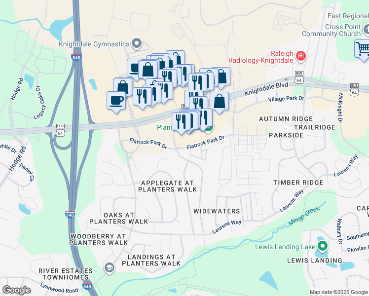 map of restaurants, bars, coffee shops, grocery stores, and more near 7804 Flatrock Park Drive in Knightdale