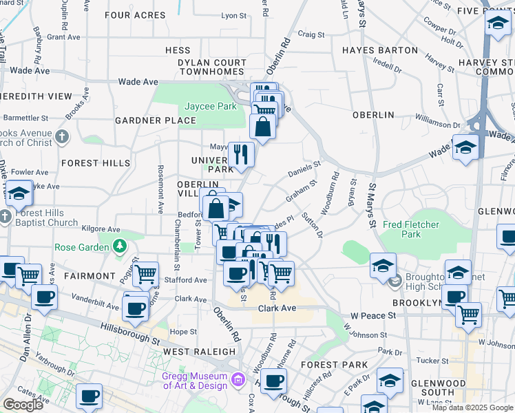 map of restaurants, bars, coffee shops, grocery stores, and more near 701 Daniels Street in Raleigh