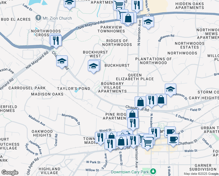 map of restaurants, bars, coffee shops, grocery stores, and more near 502 North Benson Court in Cary