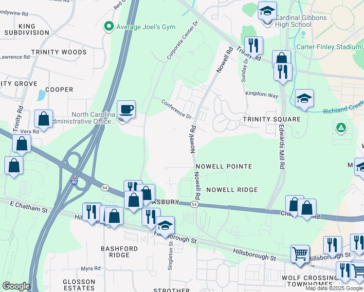 map of restaurants, bars, coffee shops, grocery stores, and more near 1021 Nowell Road in Raleigh
