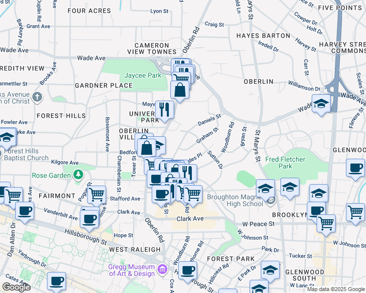 map of restaurants, bars, coffee shops, grocery stores, and more near 702 Daniels Street in Raleigh