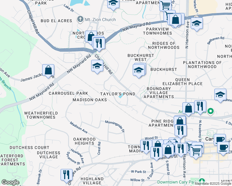 map of restaurants, bars, coffee shops, grocery stores, and more near 640 Middleton Avenue in Cary