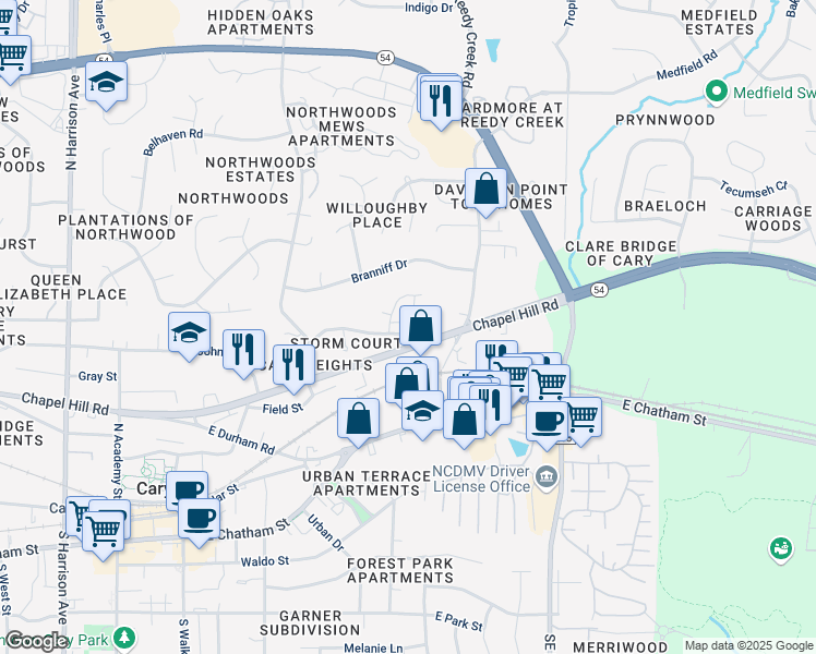 map of restaurants, bars, coffee shops, grocery stores, and more near 531 Sorrell Street in Cary