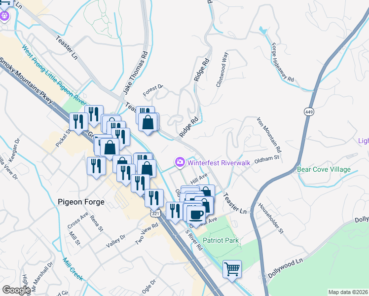 map of restaurants, bars, coffee shops, grocery stores, and more near 2616 Teaster Lane in Pigeon Forge