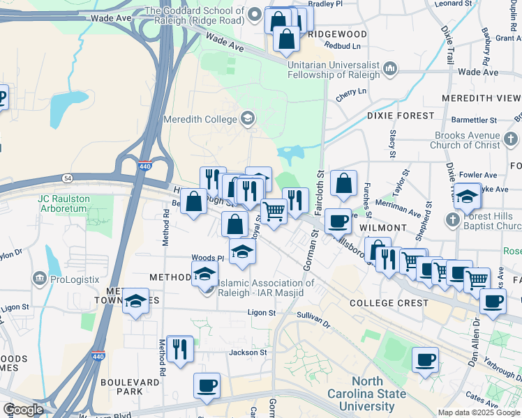 map of restaurants, bars, coffee shops, grocery stores, and more near 3800 Hillsborough Street in Raleigh