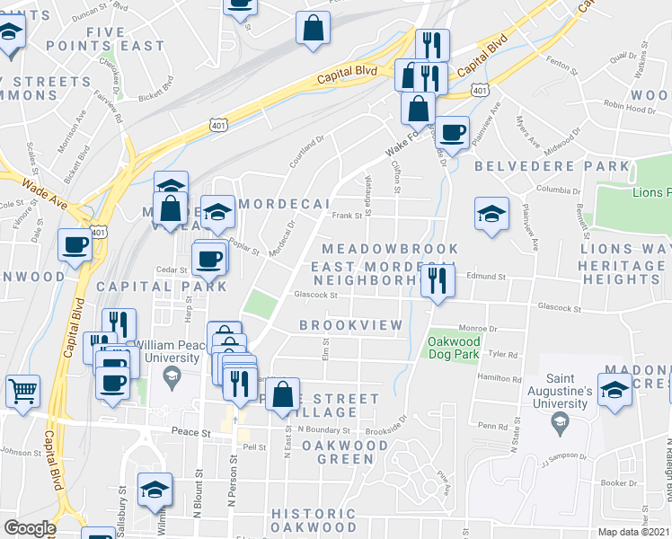 map of restaurants, bars, coffee shops, grocery stores, and more near 214 Lafayette Road in Raleigh