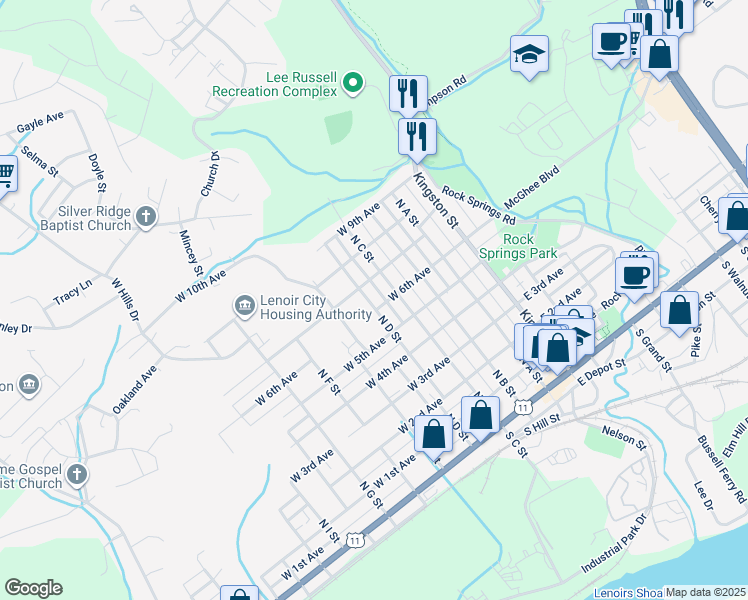 map of restaurants, bars, coffee shops, grocery stores, and more near 704 North C Street in Lenoir City