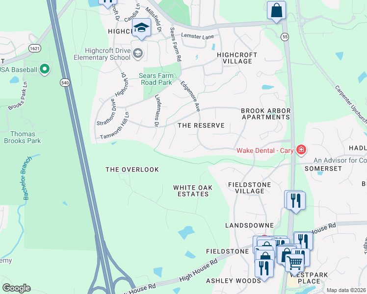 map of restaurants, bars, coffee shops, grocery stores, and more near 109 Pahlmeyer Place in Cary