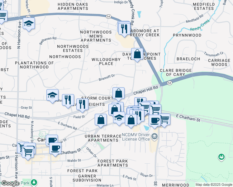 map of restaurants, bars, coffee shops, grocery stores, and more near 531 Sorrell Street in Cary