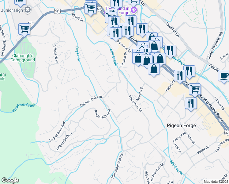 map of restaurants, bars, coffee shops, grocery stores, and more near 2806 Suncrest Road in Pigeon Forge