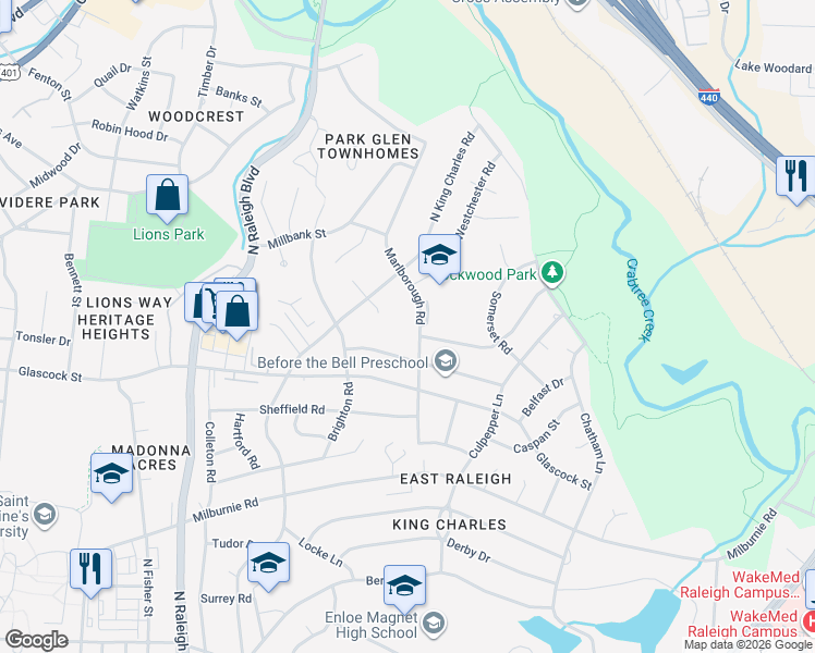 map of restaurants, bars, coffee shops, grocery stores, and more near 1121 Marlborough Road in Raleigh