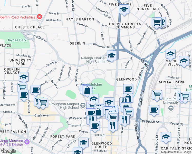 map of restaurants, bars, coffee shops, grocery stores, and more near 106 Washington Square in Raleigh