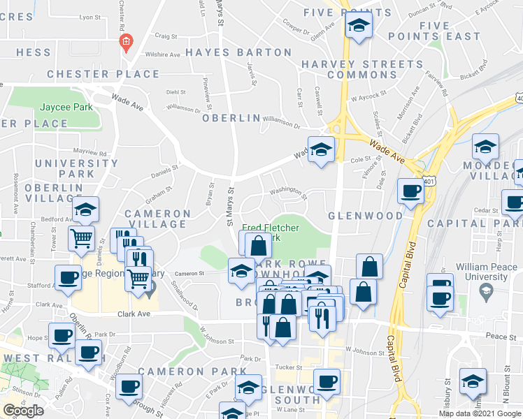 map of restaurants, bars, coffee shops, grocery stores, and more near 1121 Nicholwood Drive in Raleigh
