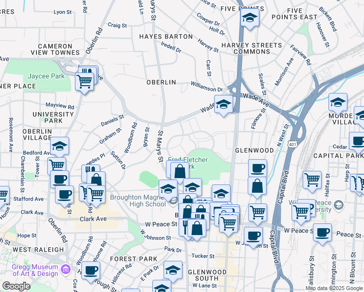 map of restaurants, bars, coffee shops, grocery stores, and more near 1010 Nicholwood Drive in Raleigh