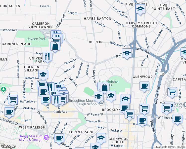 map of restaurants, bars, coffee shops, grocery stores, and more near 812 Bryan Street in Raleigh