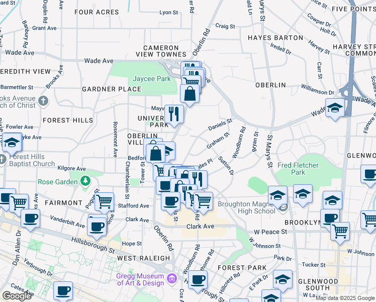 map of restaurants, bars, coffee shops, grocery stores, and more near 707 Daniels Street in Raleigh