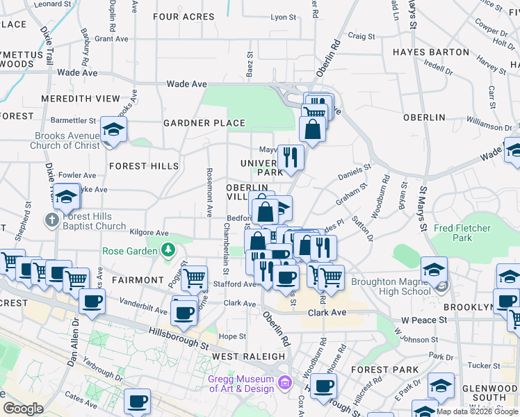 map of restaurants, bars, coffee shops, grocery stores, and more near 2216 Roberts Street in Raleigh