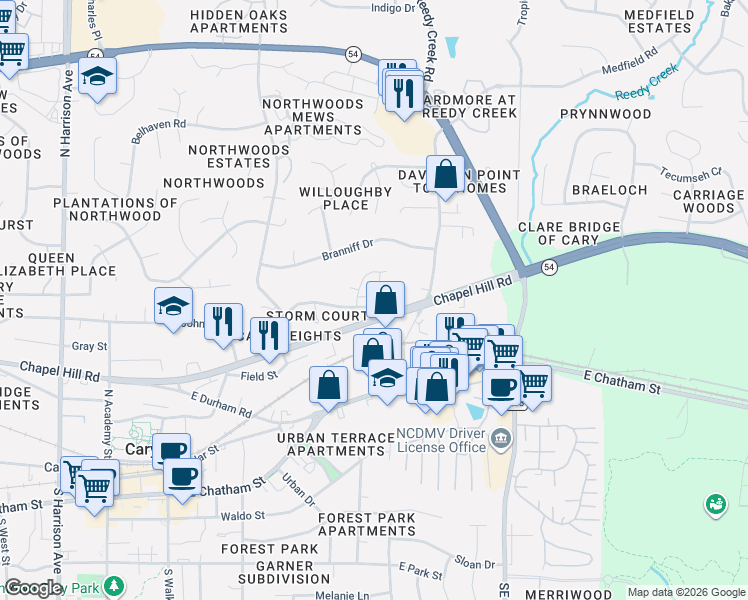 map of restaurants, bars, coffee shops, grocery stores, and more near 531 Sorrell Street in Cary