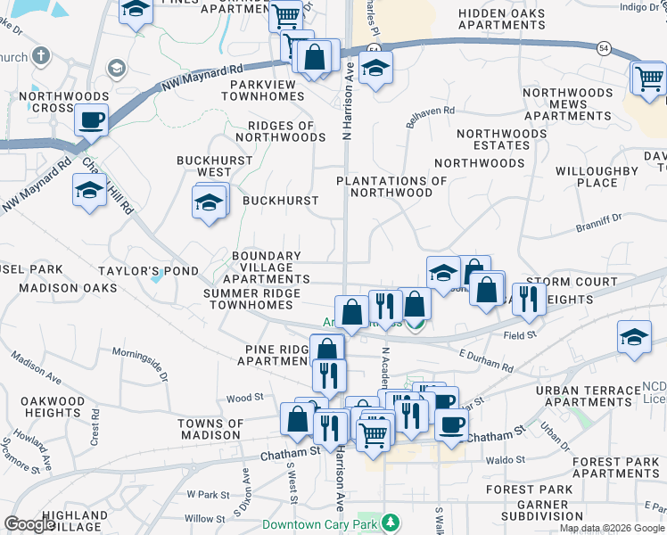 map of restaurants, bars, coffee shops, grocery stores, and more near 702 North Harrison Avenue in Cary