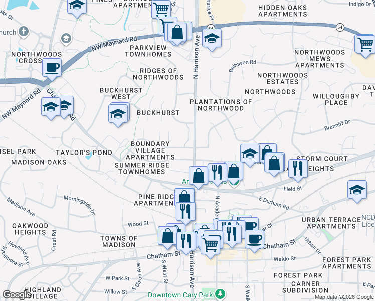 map of restaurants, bars, coffee shops, grocery stores, and more near 702 North Harrison Avenue in Cary