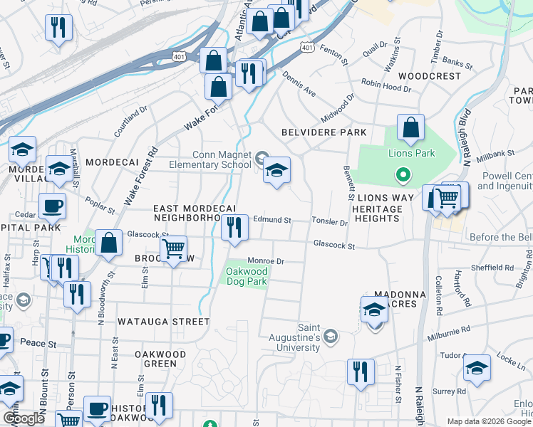 map of restaurants, bars, coffee shops, grocery stores, and more near 701 Edmund Street in Raleigh