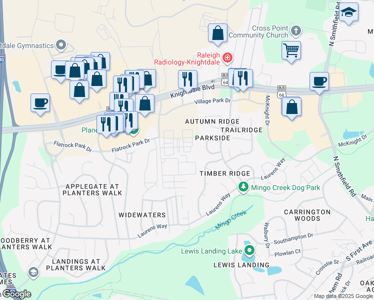 map of restaurants, bars, coffee shops, grocery stores, and more near 805 Pine Forest Trail in Knightdale