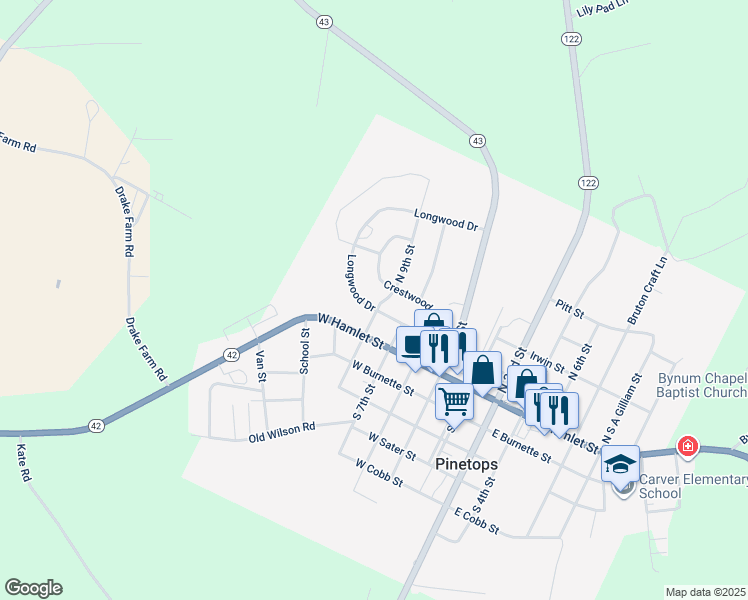 map of restaurants, bars, coffee shops, grocery stores, and more near 201 North 9th Street in Pinetops