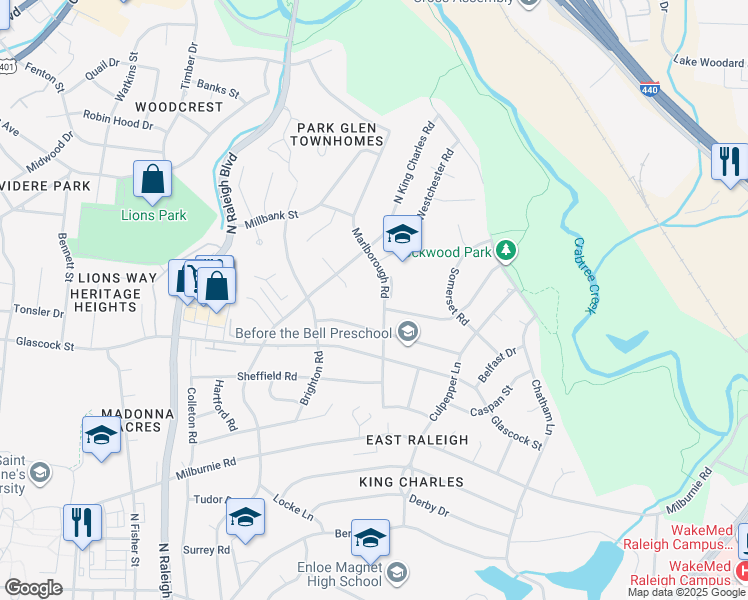 map of restaurants, bars, coffee shops, grocery stores, and more near 1121 Marlborough Road in Raleigh