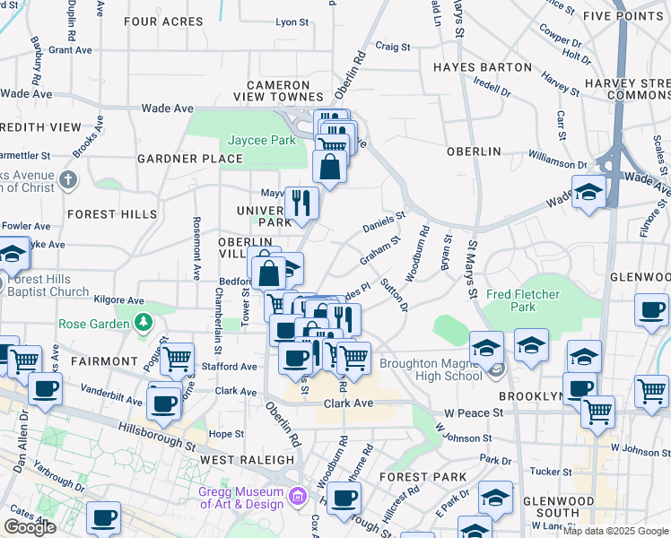 map of restaurants, bars, coffee shops, grocery stores, and more near 702 Daniels Street in Raleigh