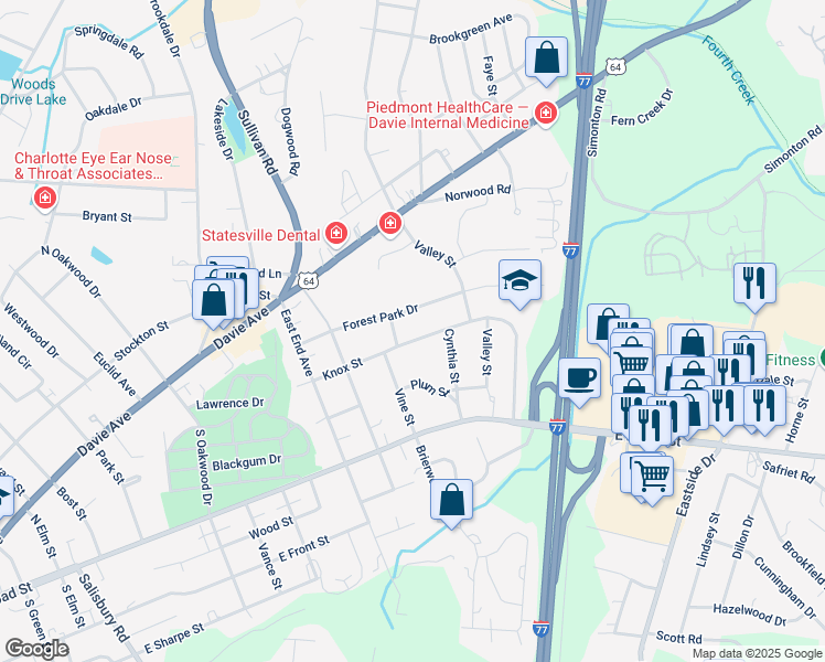 map of restaurants, bars, coffee shops, grocery stores, and more near 1217 Knox Street in Statesville