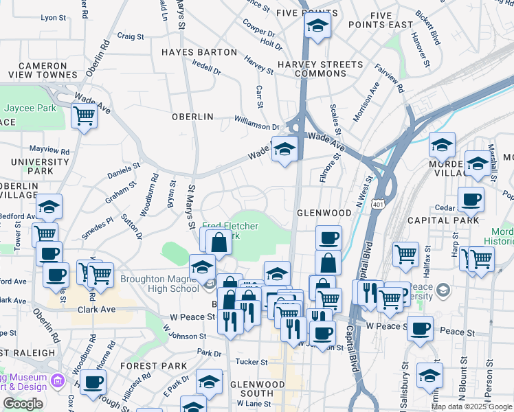 map of restaurants, bars, coffee shops, grocery stores, and more near 1066 Washington Street in Raleigh