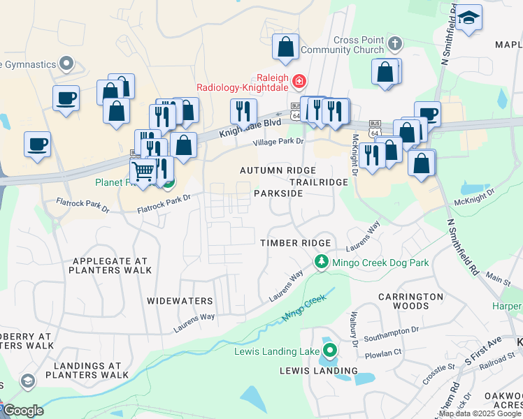 map of restaurants, bars, coffee shops, grocery stores, and more near 805 Pine Forest Trail in Knightdale