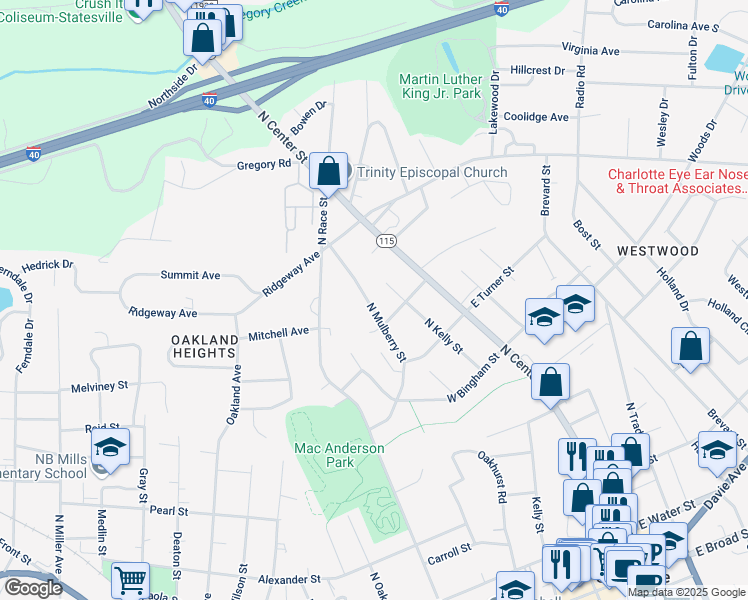 map of restaurants, bars, coffee shops, grocery stores, and more near 730 North Mulberry Street in Statesville