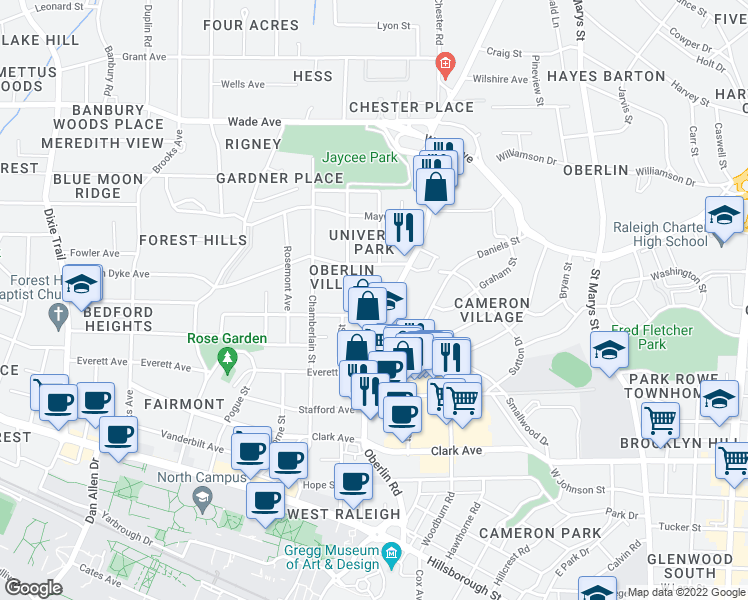 map of restaurants, bars, coffee shops, grocery stores, and more near 2207 Roberts Street in Raleigh