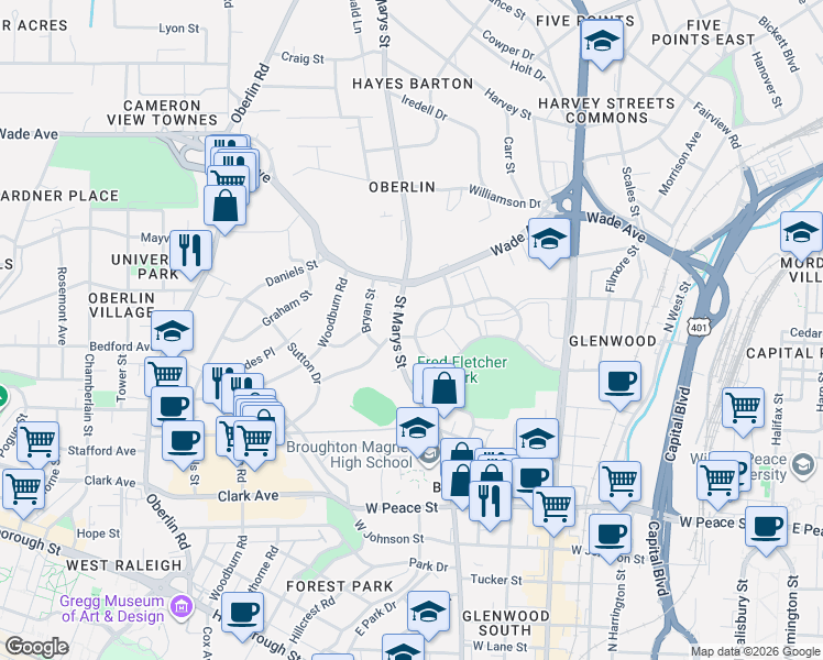 map of restaurants, bars, coffee shops, grocery stores, and more near 921 Washington Street in Raleigh
