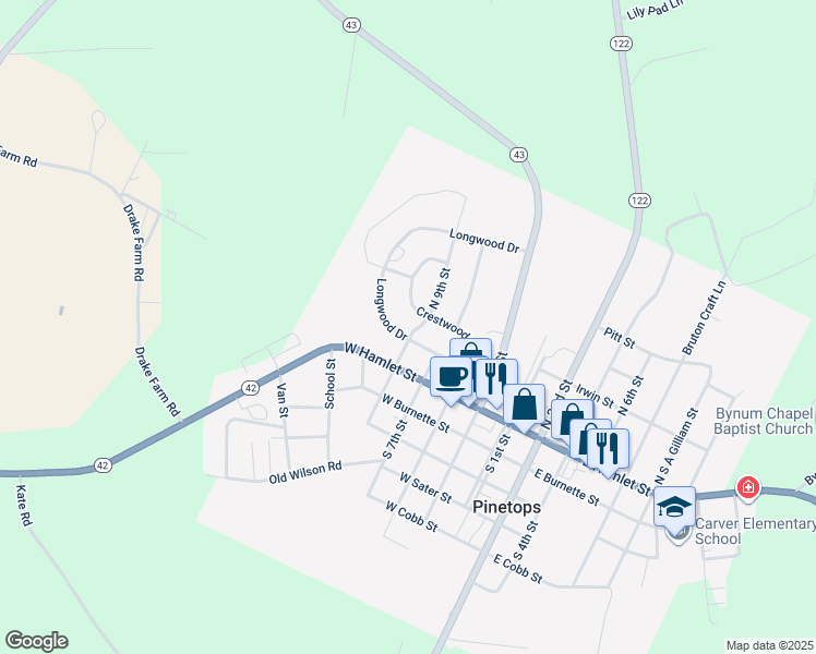 map of restaurants, bars, coffee shops, grocery stores, and more near 201 North 9th Street in Pinetops