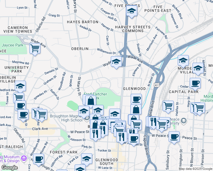 map of restaurants, bars, coffee shops, grocery stores, and more near 1066 Washington Street in Raleigh