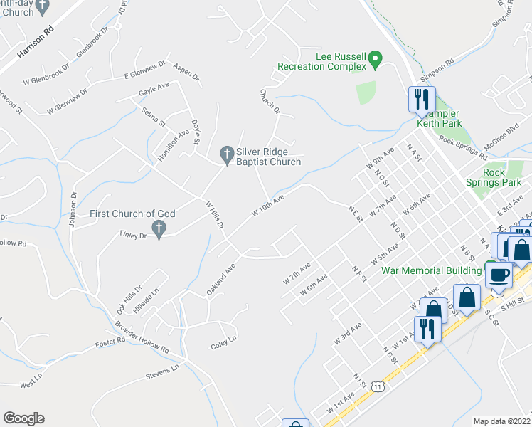 map of restaurants, bars, coffee shops, grocery stores, and more near 502 West 10th Avenue in Lenoir City