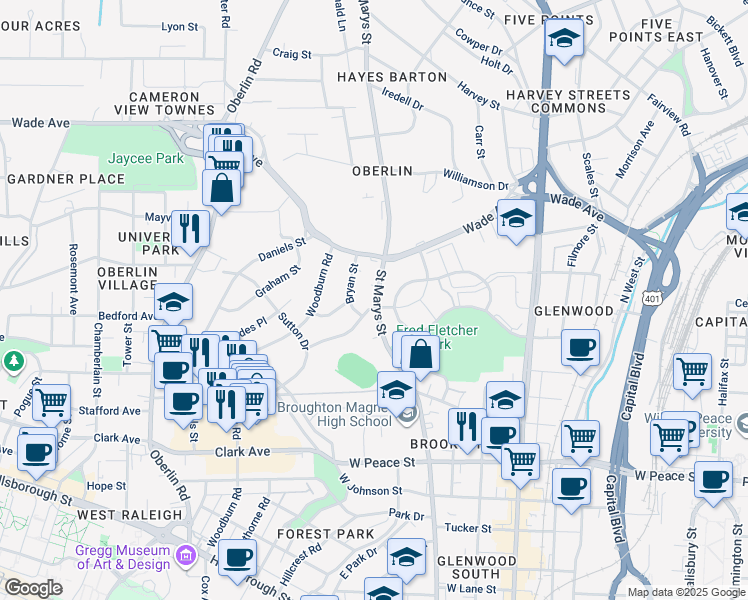 map of restaurants, bars, coffee shops, grocery stores, and more near 812 Bryan Street in Raleigh
