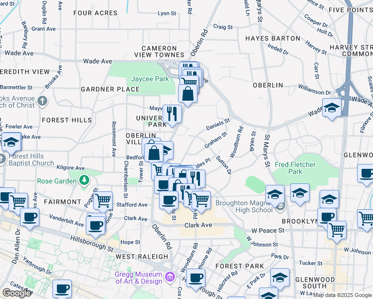 map of restaurants, bars, coffee shops, grocery stores, and more near 707 Daniels Street in Raleigh