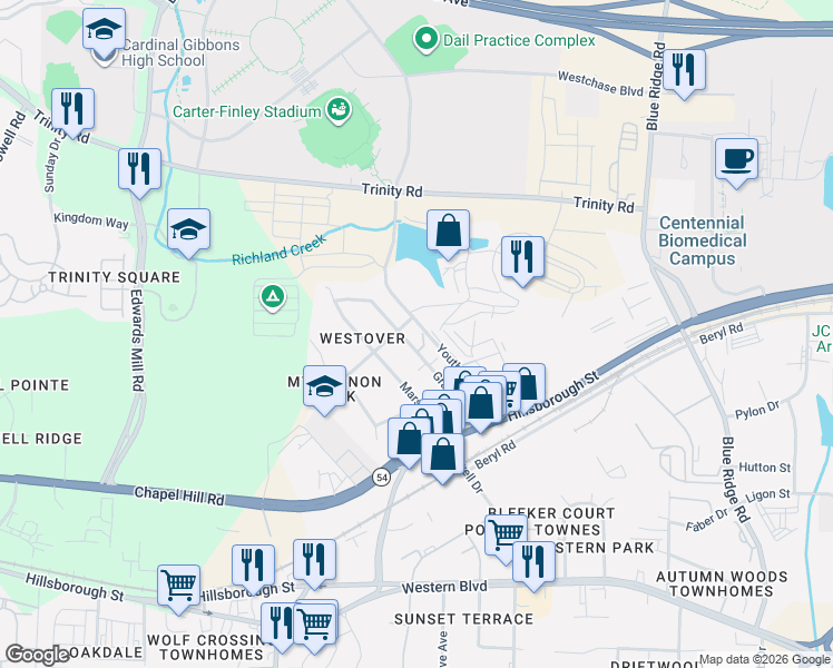 map of restaurants, bars, coffee shops, grocery stores, and more near 234 Grand Avenue in Raleigh