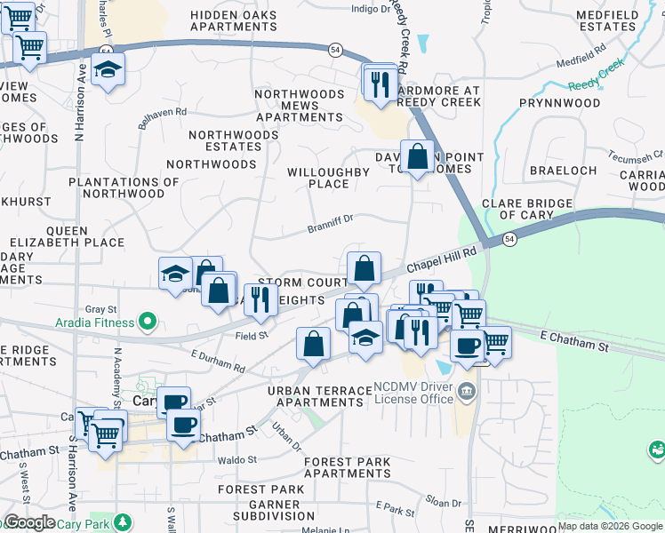 map of restaurants, bars, coffee shops, grocery stores, and more near 517 Sorrell Street in Cary