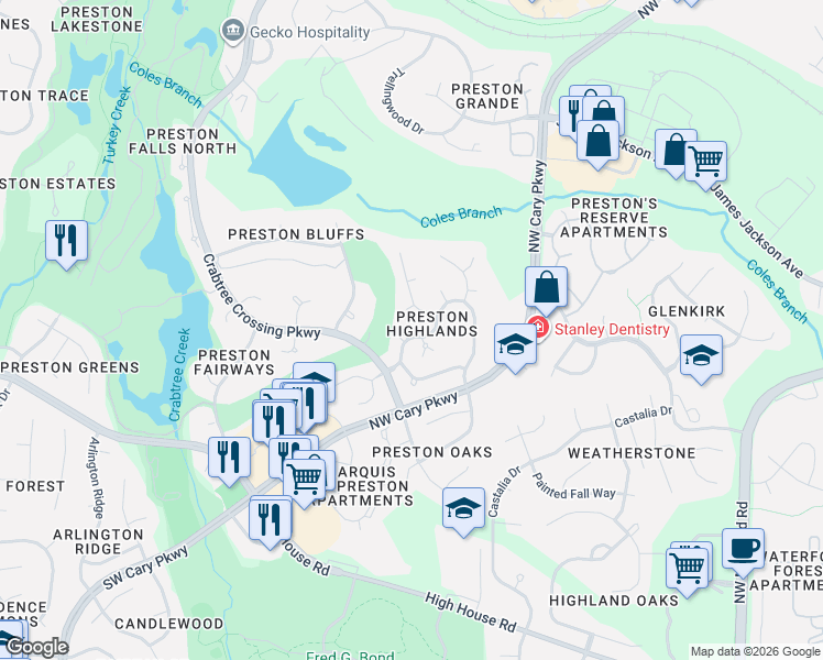 map of restaurants, bars, coffee shops, grocery stores, and more near 111 High Country Drive in Cary