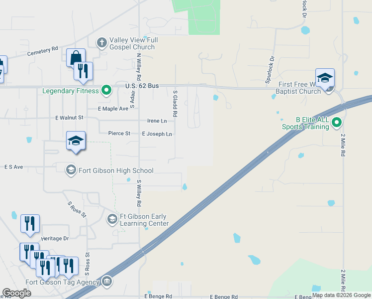map of restaurants, bars, coffee shops, grocery stores, and more near in Fort Gibson